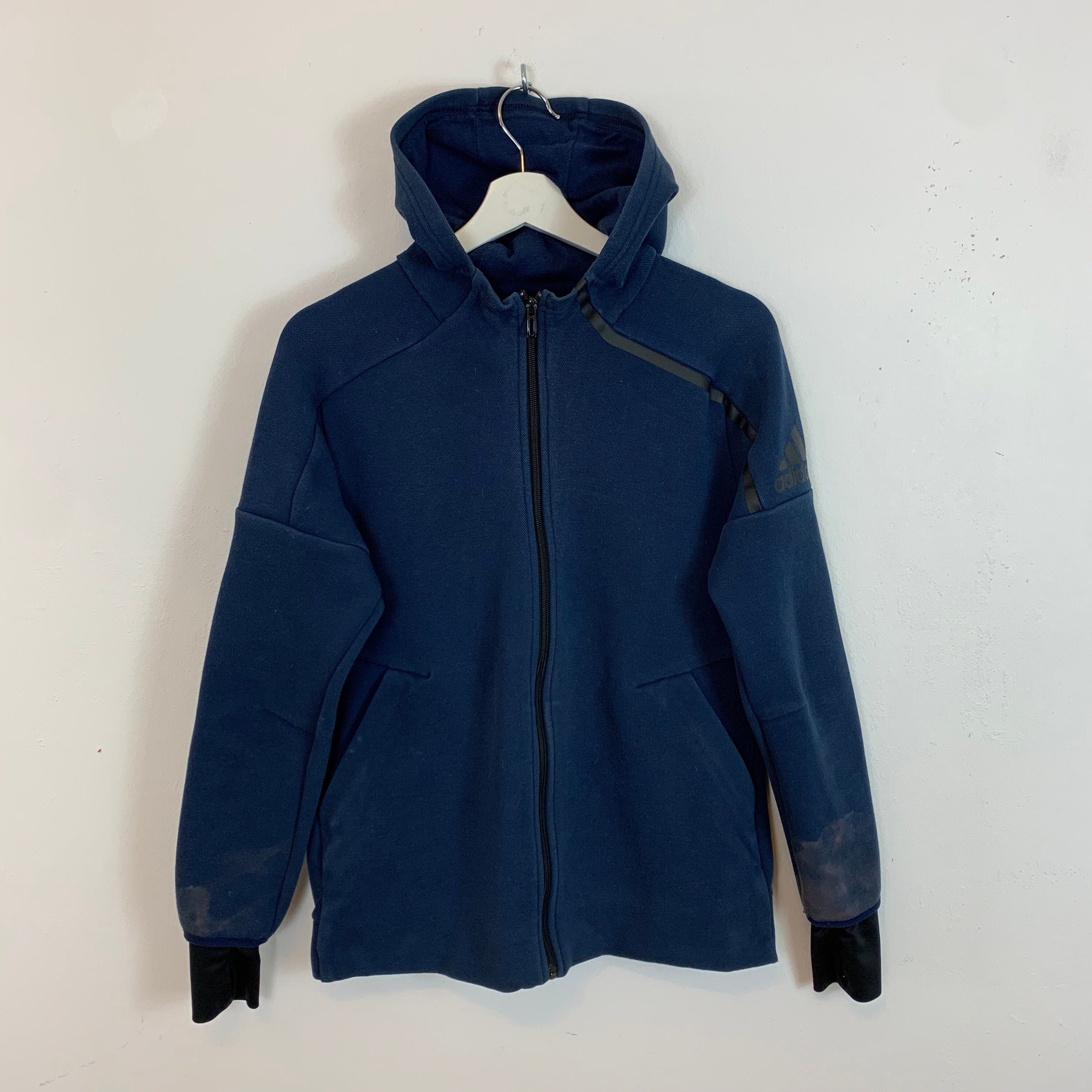 Image of Mens Vintage Adidas Full-Zip Hoodie Hood Hooded Jacket Navy Blue Uk Size S Small