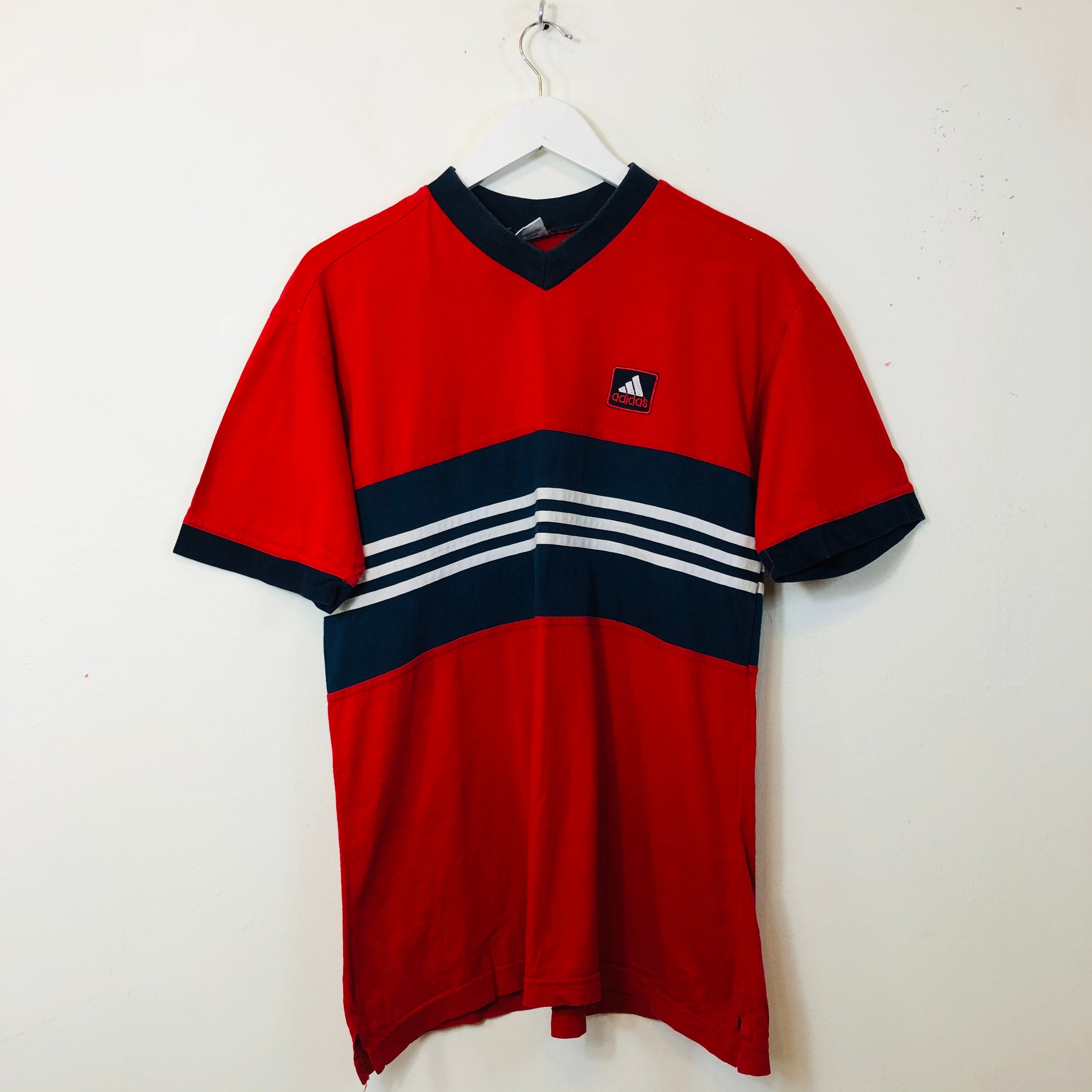 Image of Mens Vintage 90S Adidas V-Neck Short Sleeve T-Shirt Tee Top Red Uk Size M Medium