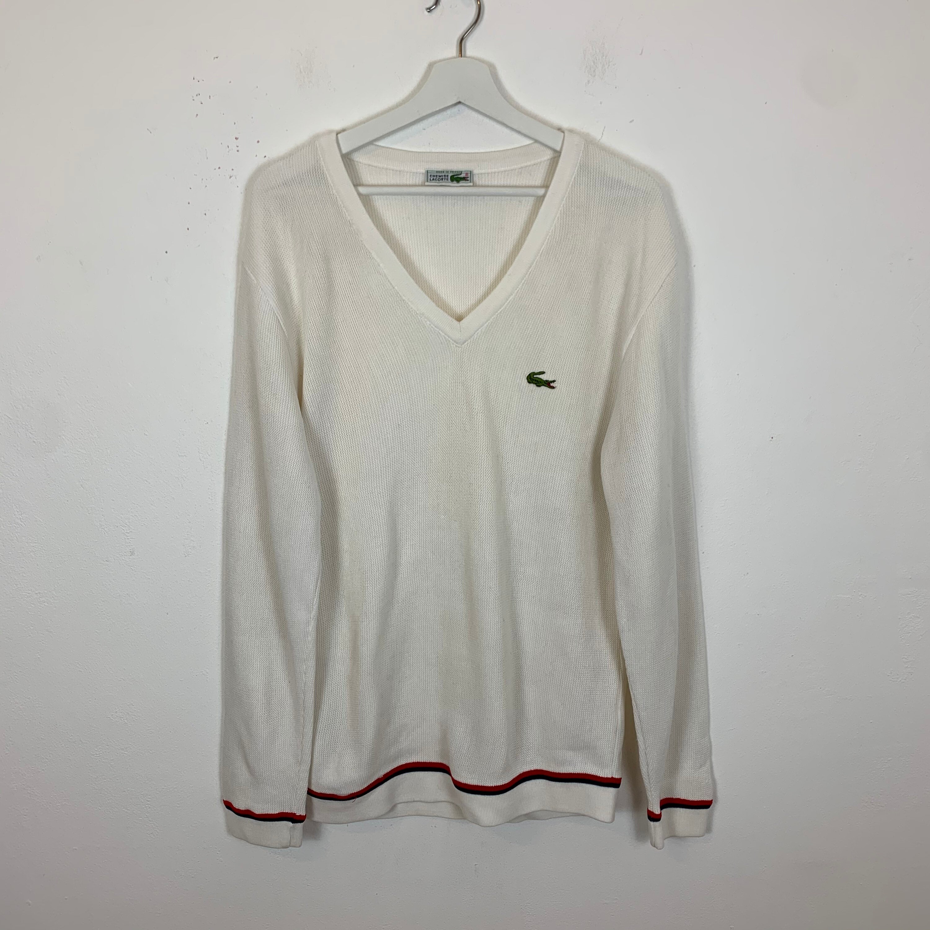 Image of Men's Vintage 90S Lacoste Thin Knit V Neck Jumper Cream Size 4 Uk M Medium