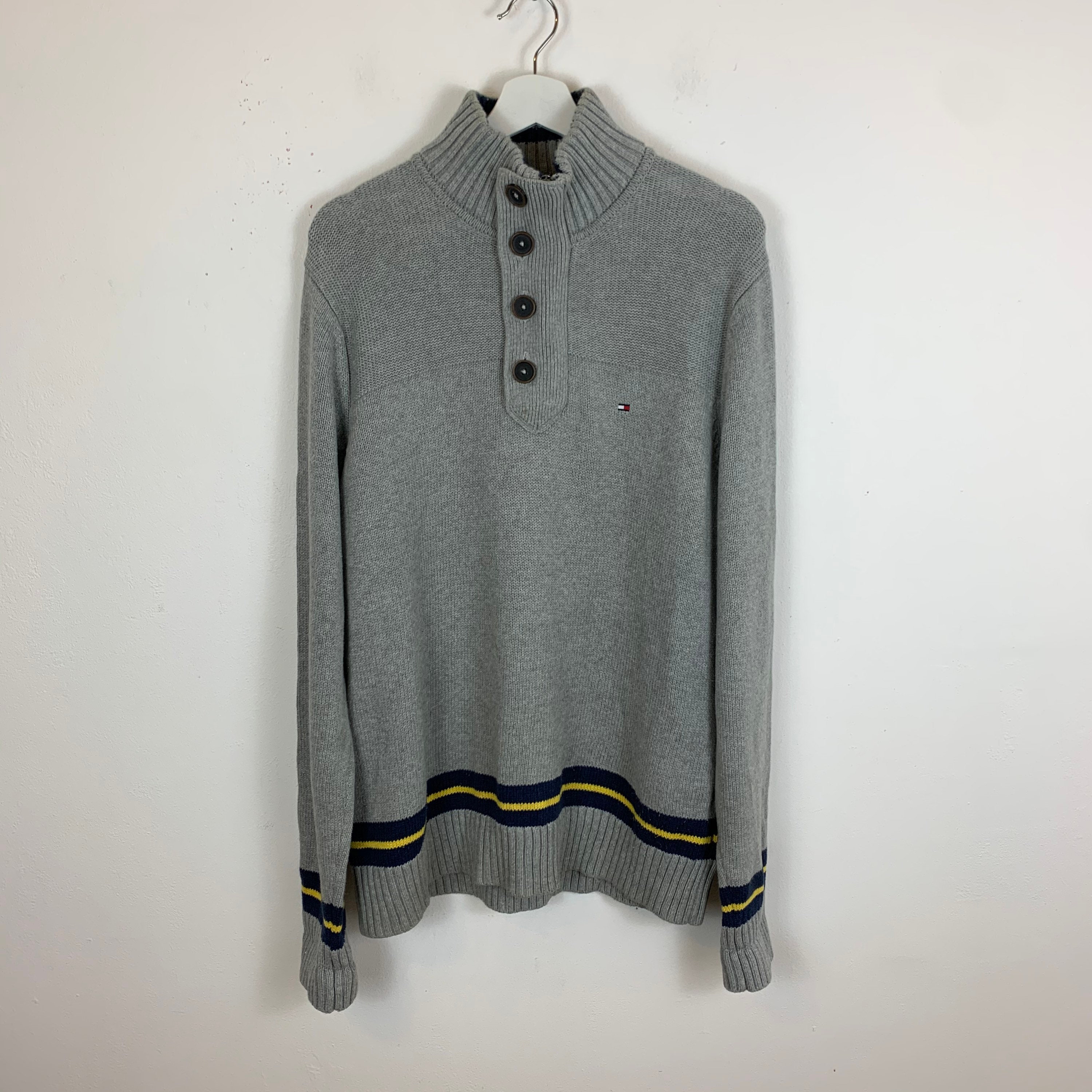Image of Men's Tommy Hilfiger 1/4 Zip Button Chunky Knit Jumper Grey Uk Size L Large