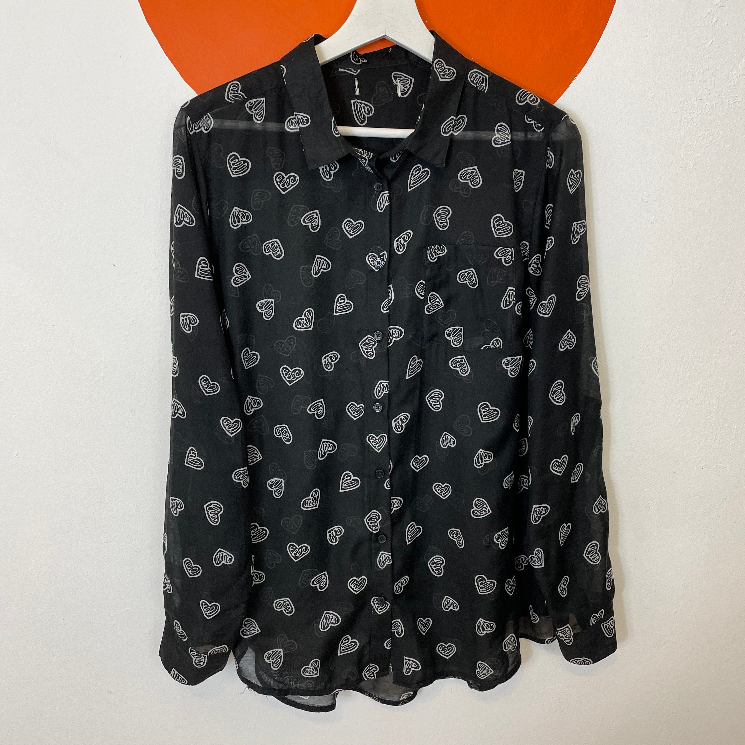Black Heart Print Long Sleeve Blouse Shirt Top Graphic Funky | Etsy