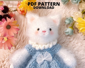 White cat doll with blue dress crochet pattern | Amigurumi crochet pattern | Digital PDF download | Dotori Kittens