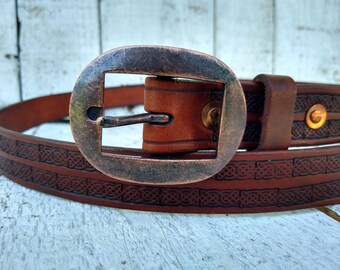 Hand Made 1" Celtic Themed Leather Belt - Celtic Stamping - Copper Buckle