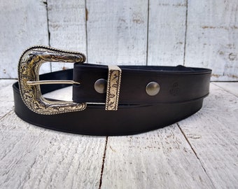 Handmade 1.5" Western Leather Belt - Matching Buckle Set - Black