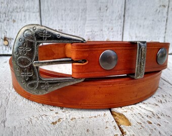 Handmade 1" Western Belt - Vintage Buckle Set - Saddle Tan