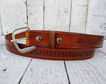 Tooled Western Belt - Serpentine Pattern - Brown - Leather