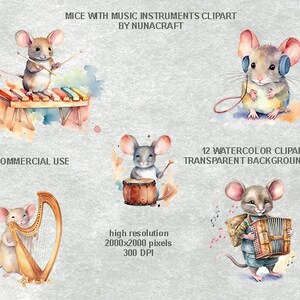May include: A set of 12 watercolor clipart images featuring cute mice playing musical instruments. The images have transparent backgrounds and are high resolution, 2000x2000 pixels, 300 DPI. The instruments include a xylophone, a drum, a harp, and an accordion.