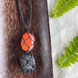 Carnelian and Lava Stone Crystal DNA  necklace macrame handmade adjustable jewellery black cord micromacrame