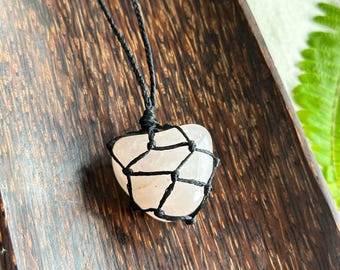 Rose Quartz crystal necklace macrame handmade adjustable jewellery black cord tumbled stone micromacrame