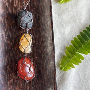 Aboriginal inspired necklace/wall hanging. Carnelian, Citrine and Lava Stone macrame handmade adjustable dark brown cord micromacrame