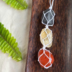 Aboriginal inspired necklace/wall hanging. Carnelian, Citrine and Lava Stone macrame handmade adjustable white cord micromacrame