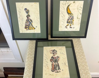 Vintage Set of Three African Hand-Painted Illustrations on Linen - Lord, Lady & Jester/Troll - Framed, Matted - Under Glass - FREE SHIPPING