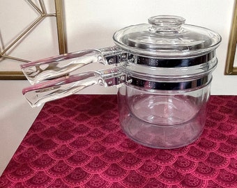 Vintage Pyrex 6283 3-Piece 1.5 Quart Clear Glass Double Boiler with Stainless Steel Bands - Very Good Condition - FREE SHIPPING