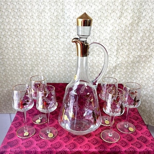 Vintage Toscany Etched & Hand Painted Gold Decanter with 6 Cordial Glasses - Romania