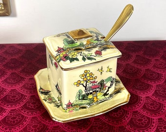 Vintage Royal Winton "Pekin" Hand-Painted Sugar Bowl with Lid, Plate, Gold Spoon, Made in England, Excellent Condition