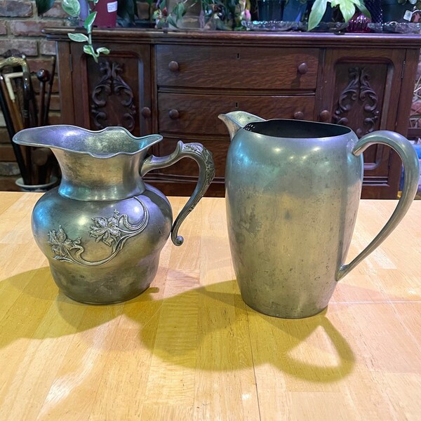 Vintage Pair of Large Decorative Metalware Pitchers - Pewter Art Deco and 19th Century E.G. Webster Ornate Silverplate - FREE SHIPPING