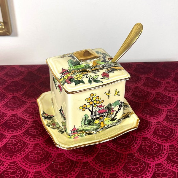 Vintage Royal Winton "Pekin" Hand-Painted Sugar Bowl with Lid, Plate, Gold Spoon, Made in England, Excellent Condition