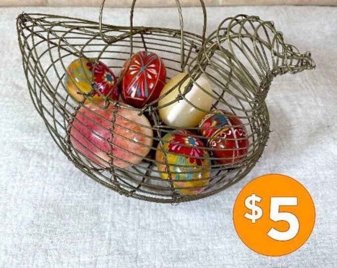 Vintage Chicken Shaped Wire Egg Basket With Decorative Eggs Etsy