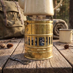 Könnte beinhalten: Ein Svea 121 Campingkocher aus Messing mit der Gravur "SVEA 121 MADE IN SWEDEN" an der Seite. Der zylindrische Kocher verfügt über vertikale Lüftungsschlitze, eine Metallkette mit einem kleinen Schlüssel und einen cremefarbenen Wasserkessel.