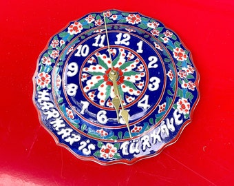 Vintage Turkish Kutahya Signed Ceramic Hand-Painted Floral Wall Clock - FREE SHIPPING