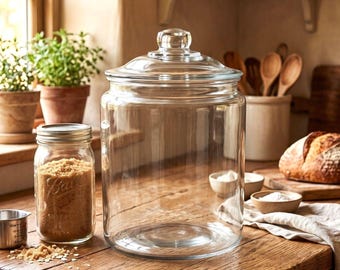 May include: A large, clear glass storage jar with a matching lid featuring a knob handle, positioned next to a smaller Ball brand glass jar filled with brown sugar, both resting on a rustic wooden surface in a kitchen setting.