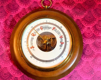 Mid Century Modern German Barometer by Huger - 1960s Round Wood and Brass Wall Decor - "Made in Western Germany" - Vintage Science Gift
