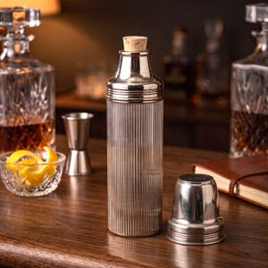 Könnte beinhalten: Ein zylindrischer Cocktailshaker mit einem klaren, vertikal gerippten Glaskörper, einem metallisch silbernen Oberteil und einem hellbraunen Korkstopfen. Der Shaker wird von einer passenden metallisch silbernen Kappe begleitet.