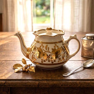 May include: A white ceramic teapot with a scalloped lid and gold floral patterns. The teapot features a curved spout and handle, accented with gold trim. Beside it lies a small gold-colored metal sprig with berries and a silver-toned spoon.