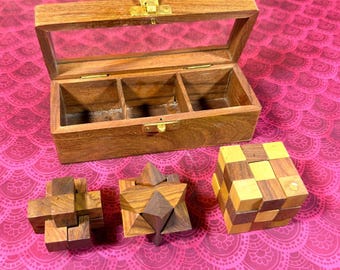 Wooden Brain Teaser Puzzle Set with Glass Box | 3D Snake Cube, Burr & Star Logic Games | Personalized Men's Gift, Desk Toy, Office Decor