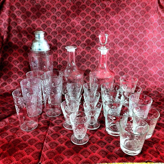Vintage Crystal Bar Set 3 Types of Glasses Shaker Etsy