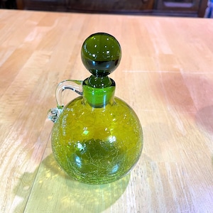 Vintage Green Hand-Blown Crackle Glass Cruet / Decanter with Glass Stopper - Excellent Condition
