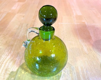 Vintage Green Hand-Blown Crackle Glass Cruet / Decanter with Glass Stopper - Excellent Condition