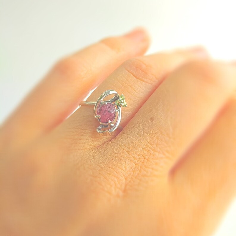Dainty  thin raw ruby sterling silver ring  Engagement silver ring with natural raw stone