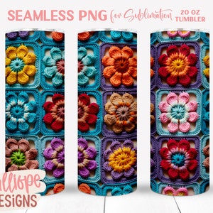 3D-gehaakte beker wrap png, 3D garen sublimatie, oma vierkantjes png, crafter cadeau, 20 oz rechte skinny wrap, direct downloaden