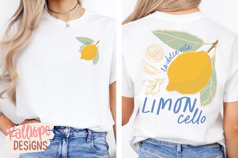 K&ouml;nnte beinhalten: Wei&szlig;es T-Shirt mit einem gelben Zitronen-Design und gr&uuml;nen Bl&auml;ttern, mit den Aufschriften "la dolce vita" und "Limoncello". Das Design ist auf der Vorder- und R&uuml;ckseite. L&auml;ssiger Stil.