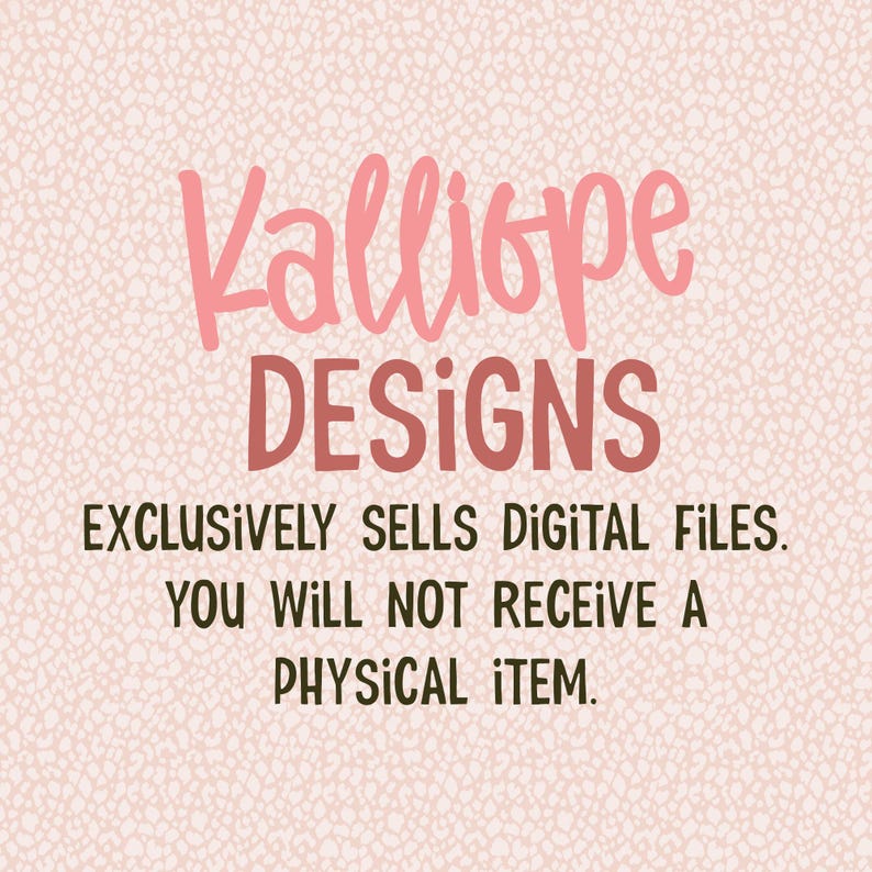 K&ouml;nnte beinhalten: Rosa Hintergrund mit dem Text "Kalliope DESIGNS" in handschriftlichem Stil. Der Text darunter lautet: "VERKAUFT AUSSCHLIESSLICH DIGITALE DATEIEN. SIE ERHALTEN KEINEN PHYSISCHEN ARTIKEL."