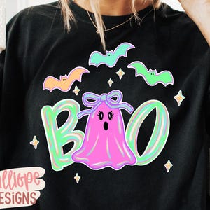 Boo Ghost with Bats PNG, Trick or Treat PNG, Cute Ghost, Spooky Mama, Trendy Halloween T-shirt PNG, Spooky Season, Coquette Halloween Bow