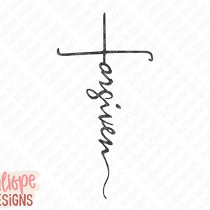 Könnte beinhalten: Ein schwarz-weißes Grafikdesign eines Kreuzes mit dem Wort "vergeben" vertikal in der Mitte des Kreuzes geschrieben.