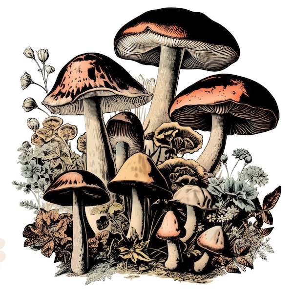 Mushrooms PNG, Botanical Sublimation, Hippie T-Shirt Design, Boho, Magic Mushrooms Download, Cottage Core, Dark Academia, Aesthetic PNG