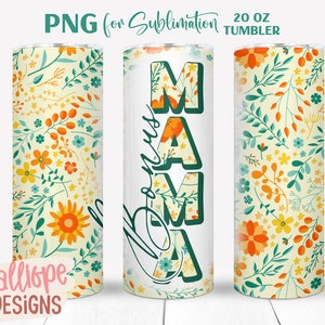 Bonus Mama 20 oz bekerontwerpen, Moederdagcadeau voor stiefmoeder, gele bloemen rechte skinny bekeromslag, png, sublimatieontwerp