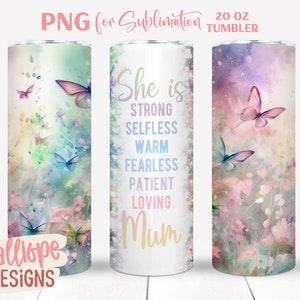 Gobelet maman PNG avec papillons, modèles de gobelets 20 oz, cadeau de fête des mères, emballage de verres skinny droit papillon PNG, design par sublimation
