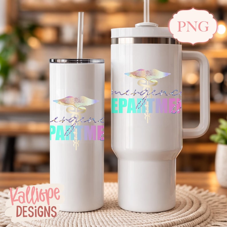 May include: Two white tumblers with straws. One is a tall, slender tumbler, and the other is a larger tumbler with a handle. Both feature the words "emergency DEPARTMENT" in a colorful, holographic font, along with a medical symbol.
