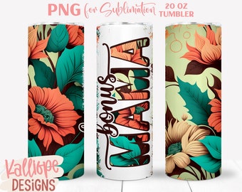 Diseños de vasos Bonus Mama de 20 oz, regalo para el Día de la Madre para madrastra, envoltura floral delgada PNG para vasos, diseño de sublimación
