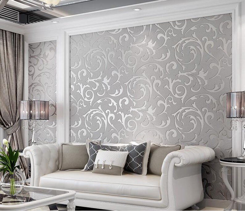 Silver Damask Embossed Victorian Wallpaper 3D Luxury Wall Etsy