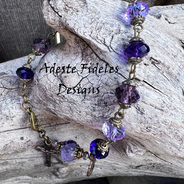 LAVENDER, VIOLET, PURPLE Crystal Handmade Decade Rosary Bracelet with Bronze Crucifix & Miraculous Medal