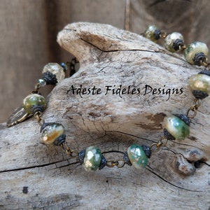 AQUA/GREEN/IVORY Mix with Antique Gold Finish Czech Glass Handmade Decade Rosary Bracelet with Bronze Crucifix & Miraculous Medal