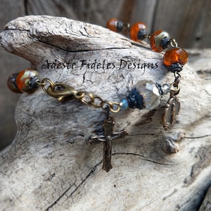 PUMPKIN SPICE ORANGE and Iridescent Crystal Czech Glass Handmade Decade Rosary Bracelet with Bronze Crucifix & Miraculous Medal
