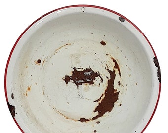Ciotola vintage rossa bianca smaltata, lavabo in metallo smaltato arrugginito da 12 pollici con fondo piatto