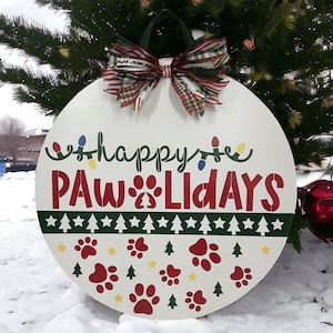 Appendino da porta &quot;Happy Pawlidays&quot; di Natale, cartello dipinto con impronta di zampa da 16&quot;, da appendere alla parete