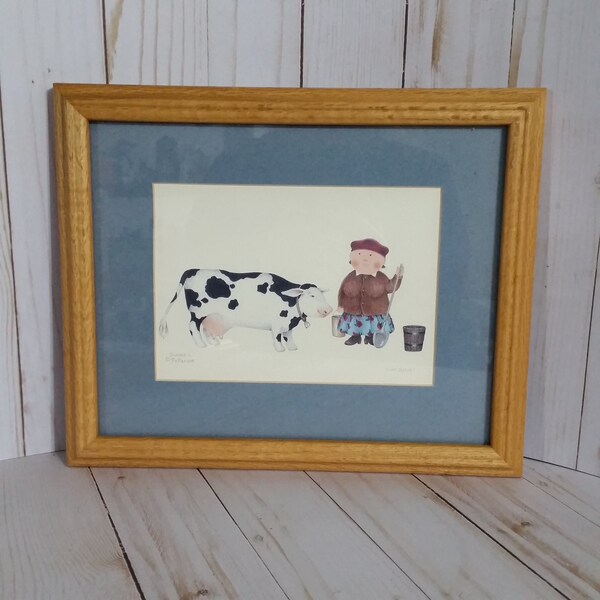 Koe meisjes, Dianne L. Patterson, ingelijst en gematteerd cartoon kunst, ondertekend en met een adellijke titel 11 x 9 afdrukken, vintage boerderij